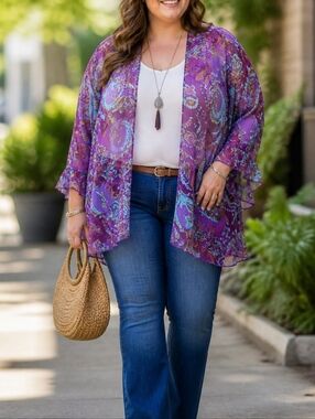 The Paragon Purple Aqua Paisley Sheer Blouse Boho Kimono Cardigan Lightweight